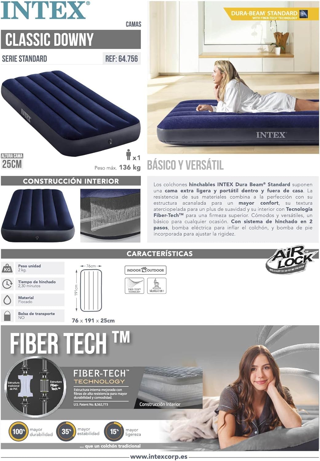 Matelas gonflable Classic Downy 1 personne Taille 76x191x25 cm